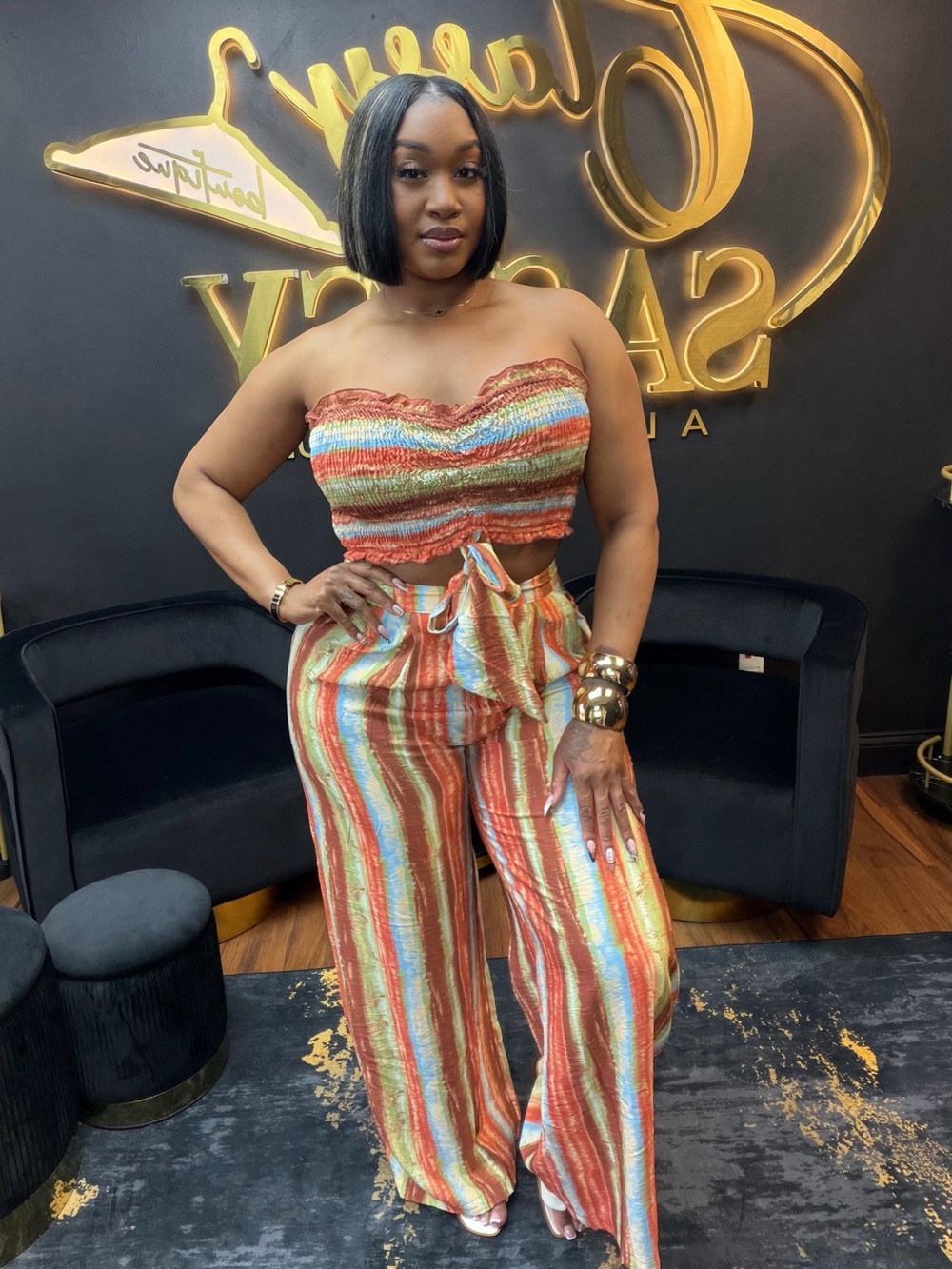Striped Tube Top & Wide-Leg Jumpsuit Set - Orange Multi